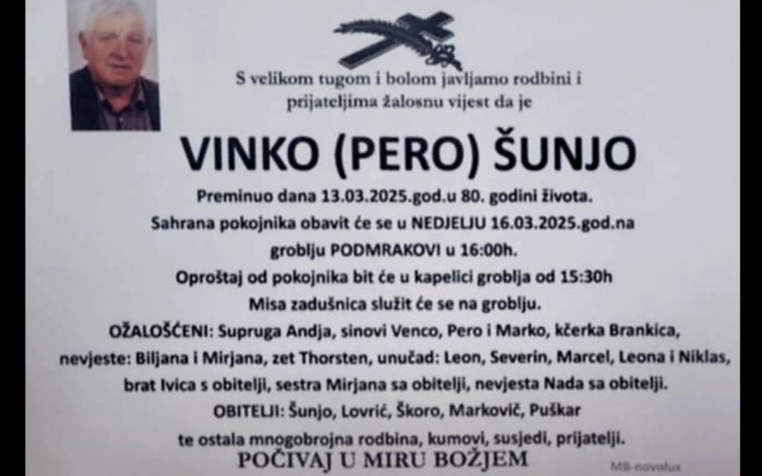 Preminuo je Vinko Šunjo