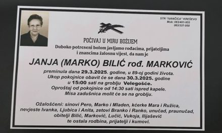 Preminula je Janja Bilić, rođ. Marković
