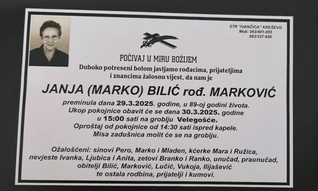Preminula je Janja Bilić, rođ. Marković