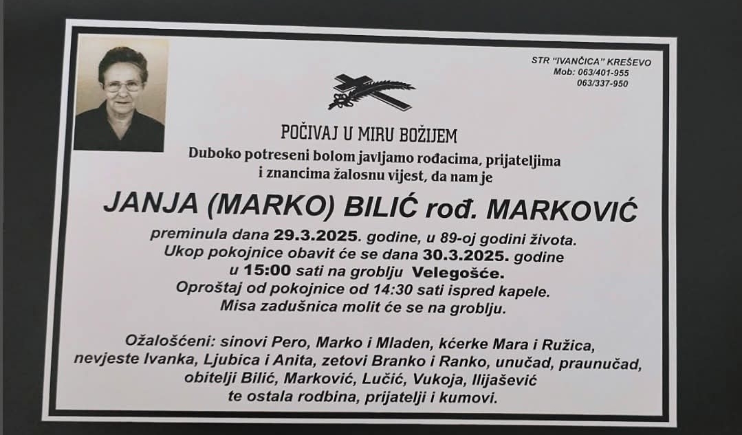 Preminula je Janja Bilić, rođ. Marković