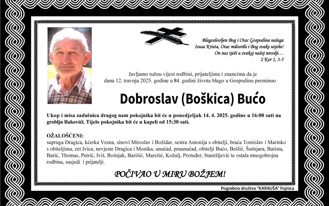 Preminuo je Dobroslav (Boškica) Bućo
