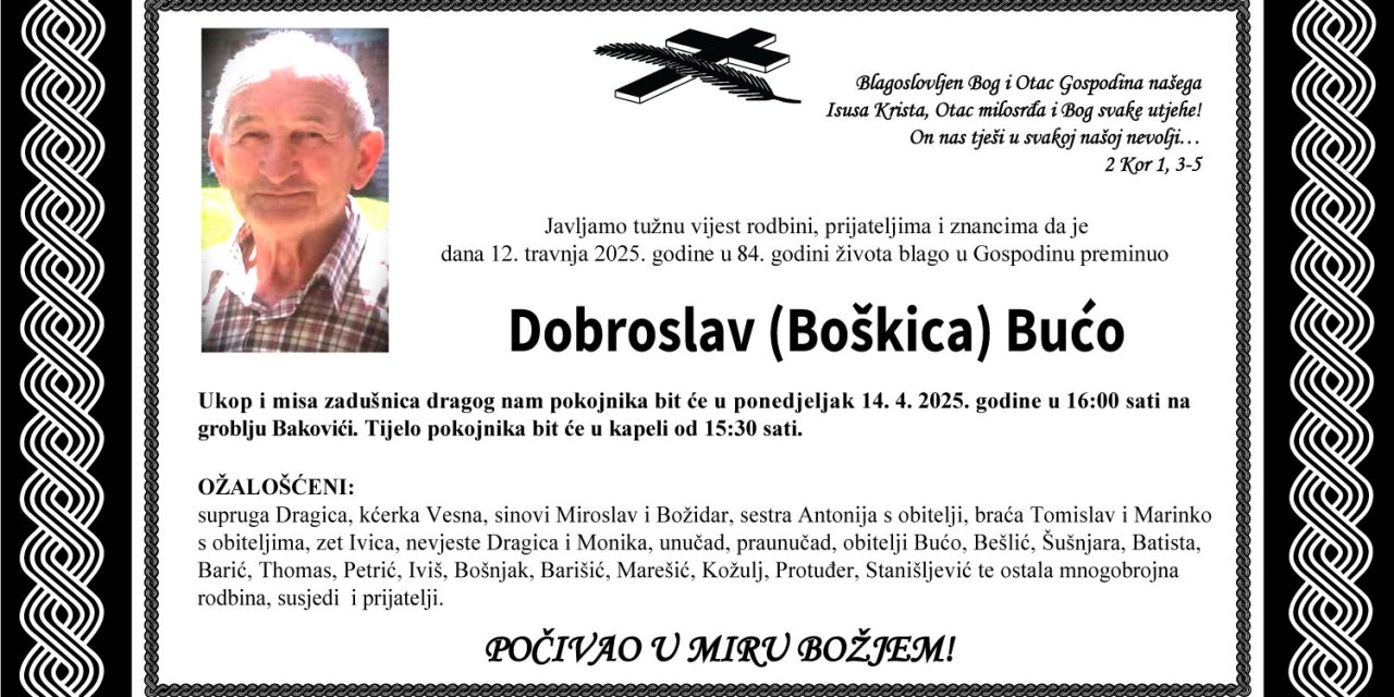 Preminuo je Dobroslav (Boškica) Bućo