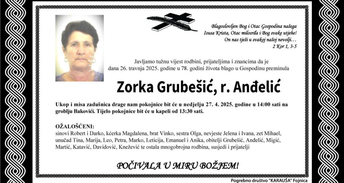 Preminula je Zorka Grubešić, rođ. Anđelić