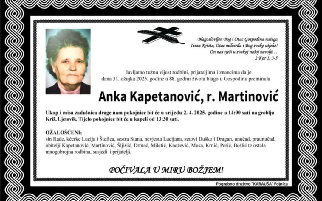 Preminula je Anka Kapetanović, rođ. Martinović