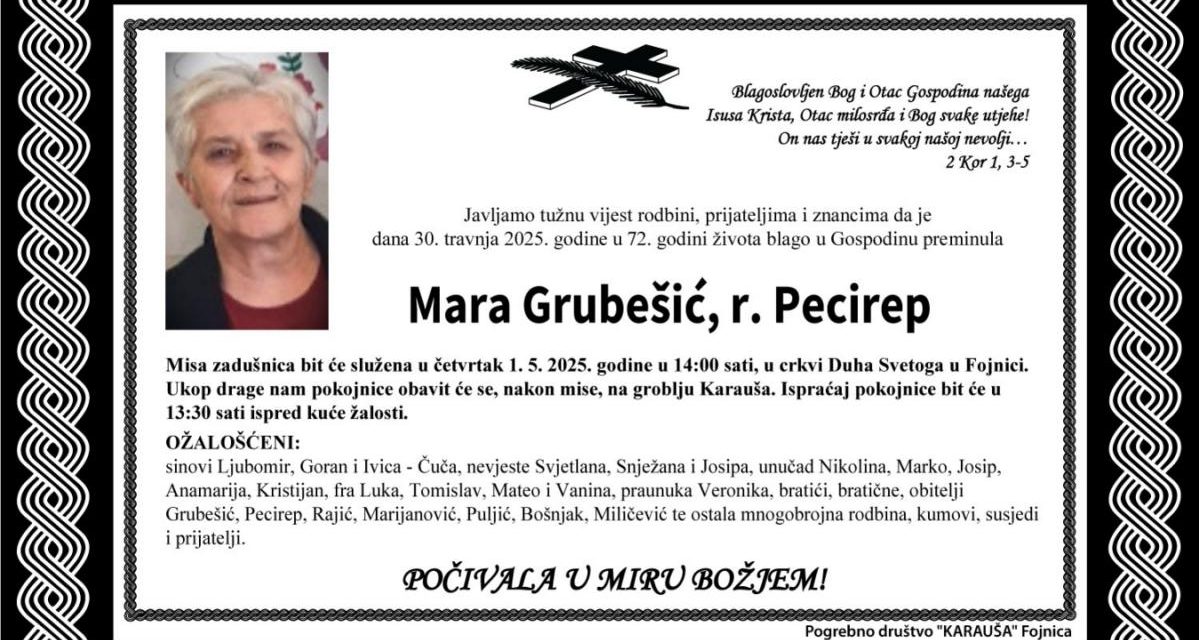 Preminula je Mara Grubešić, rođ. Pecirep