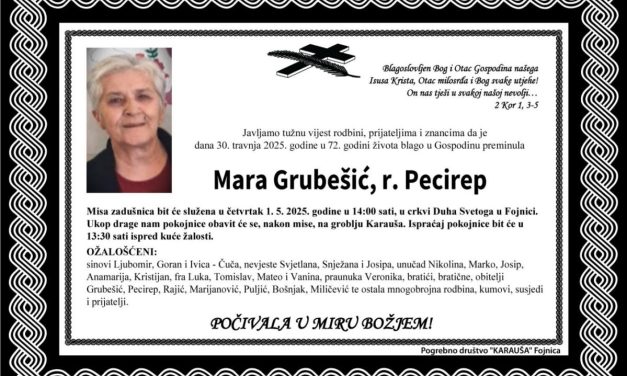 Preminula je Mara Grubešić, rođ. Pecirep