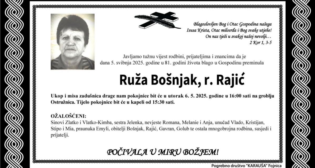 Preminula je Ruža Bošnjak, rođ. Rajić