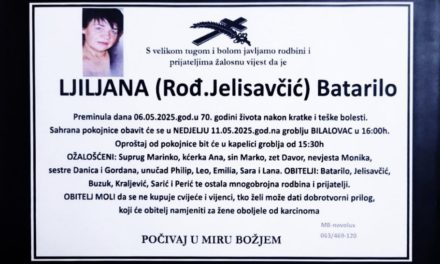 Preminula je Ljiljana Batarilo, rođ. Jelisavčić