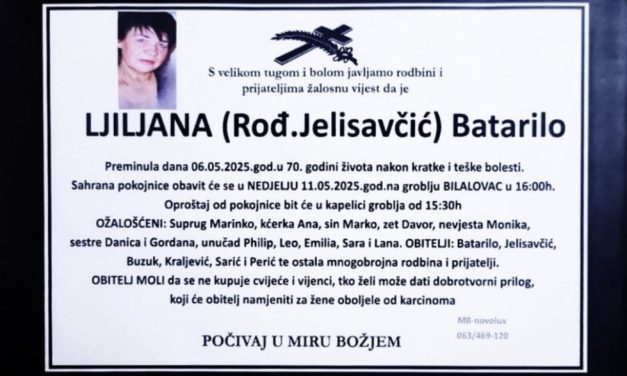 Preminula je Ljiljana Batarilo, rođ. Jelisavčić