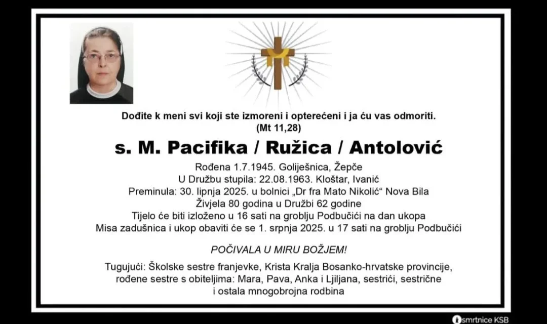 U Hrvatskoj bolnici “Dr. fra Mato Nikolić” u Novoj Biloj preminula sestra M. Pacifika Antolović