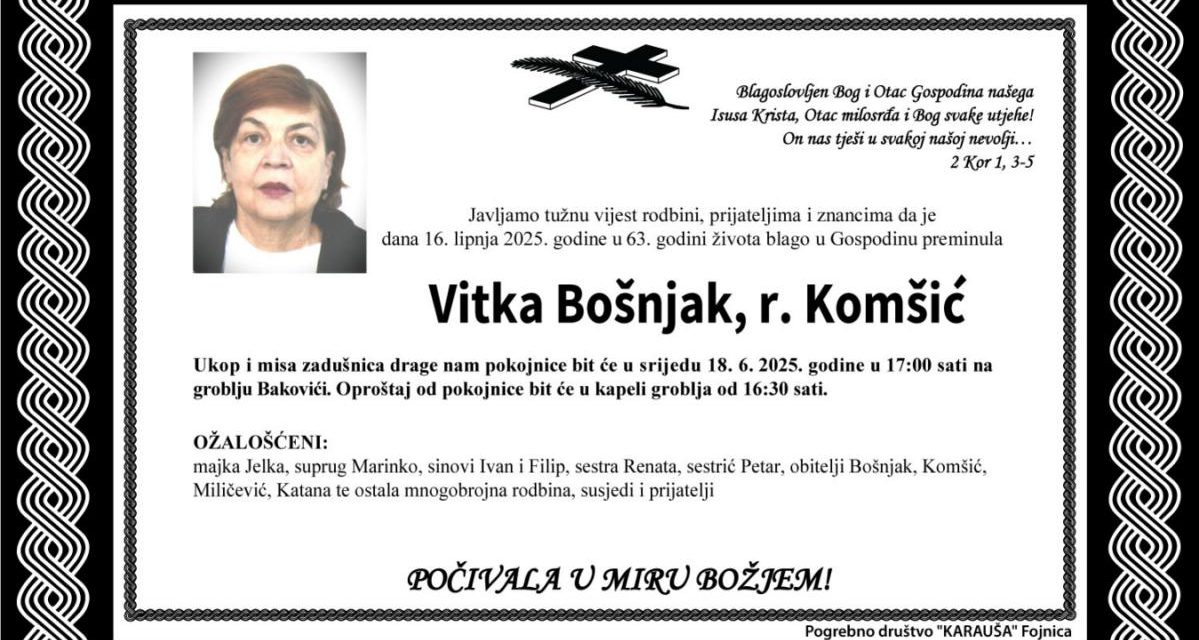 Preminula je Vitka Bošnjak, rođ. Komšić