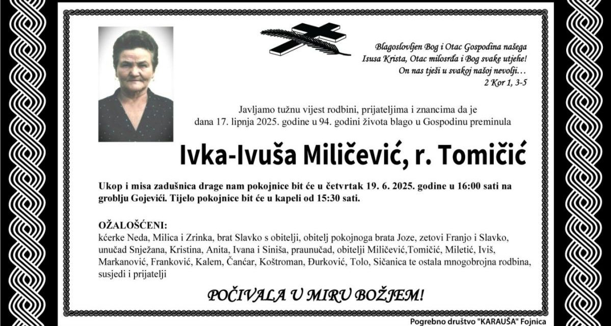 Preminula je Ivka – Ivuša Miličević, rođ. Tomičić
