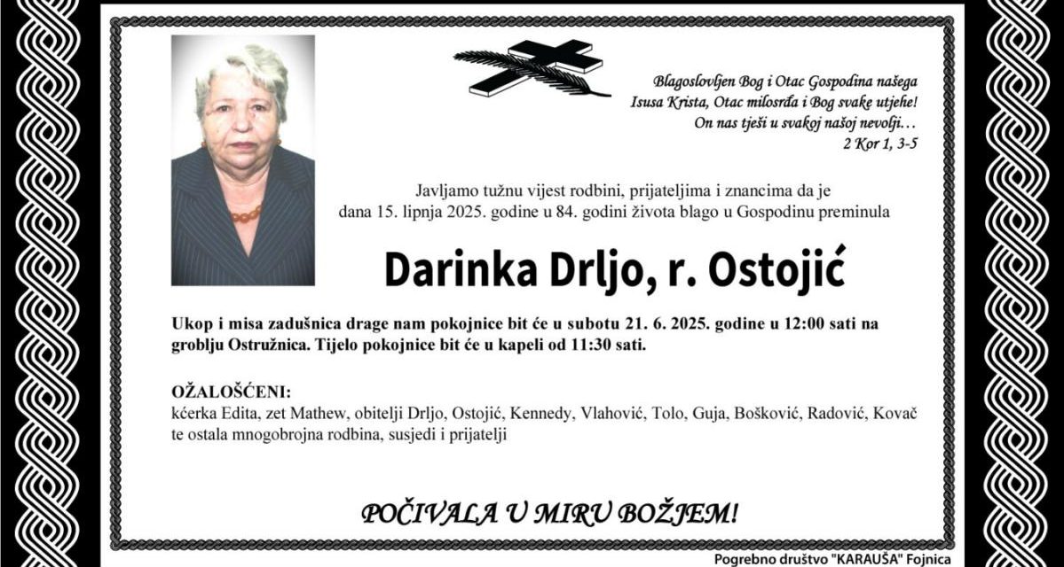 Preminula je Darinka Drljo, rođ. Ostojić