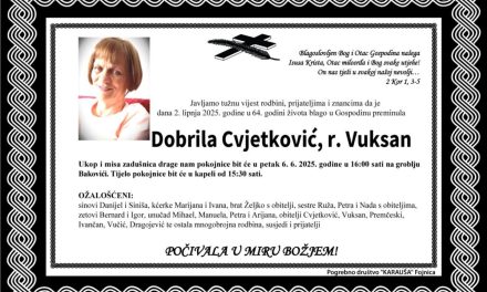 Preminula je Dobrila Cvjetković, rođ. Vuksan