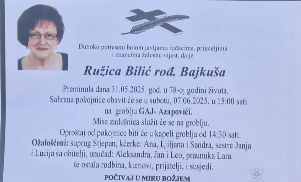 Preminula je Ružica Bilić, rođ. Bajkuša