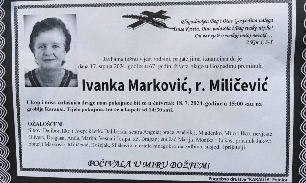 Preminula je Ivanka Marković, rođ. Miličević