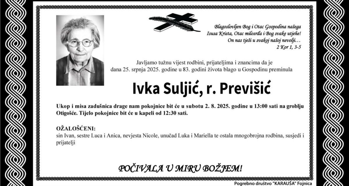 Preminula je Ivka Suljić, rođ. Previšić