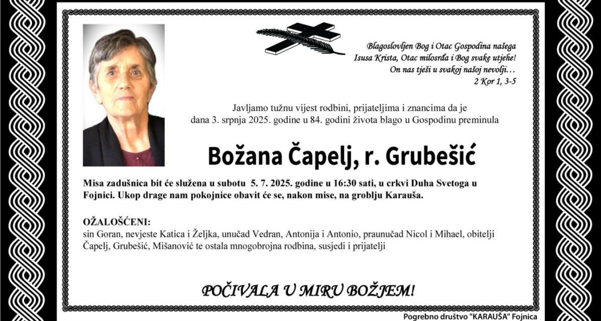 Preminula je Božana Čapelj, rođ. Grubešić