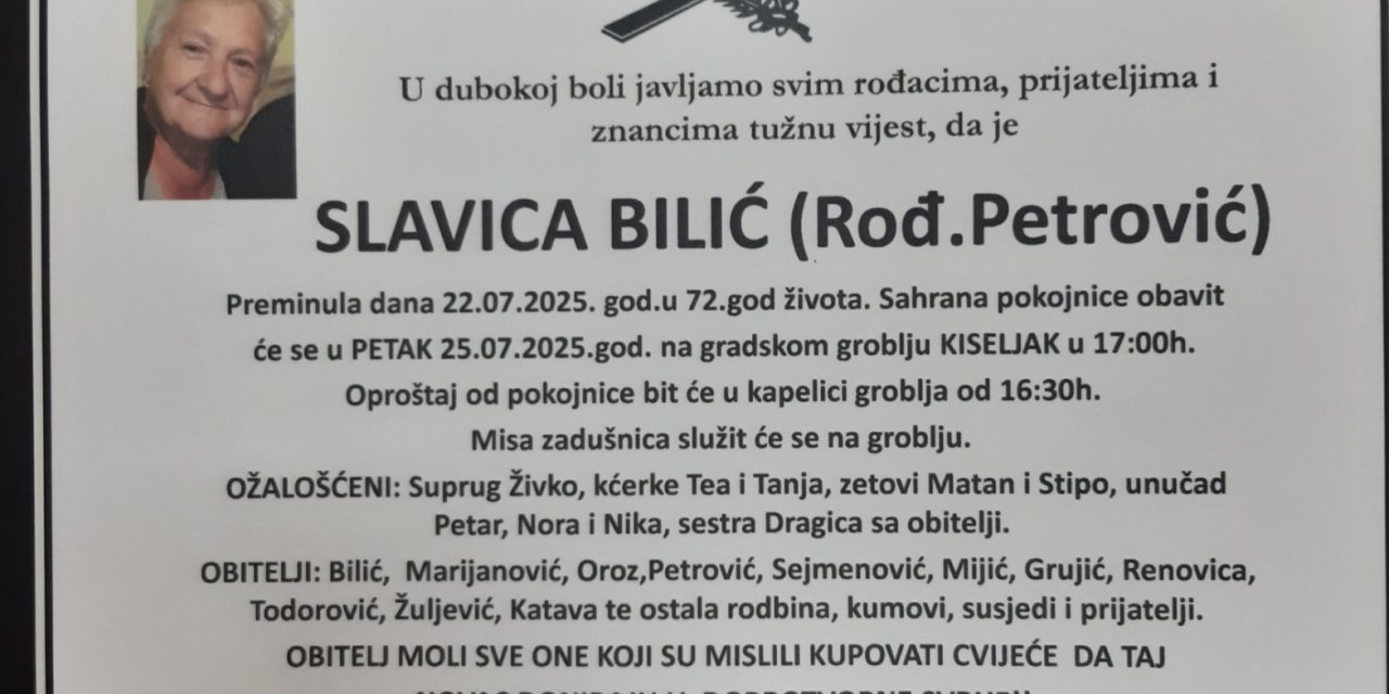 Preminula je Slavica Bilić, rođ. Petrović