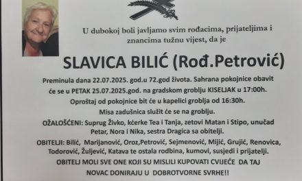 Preminula je Slavica Bilić, rođ. Petrović