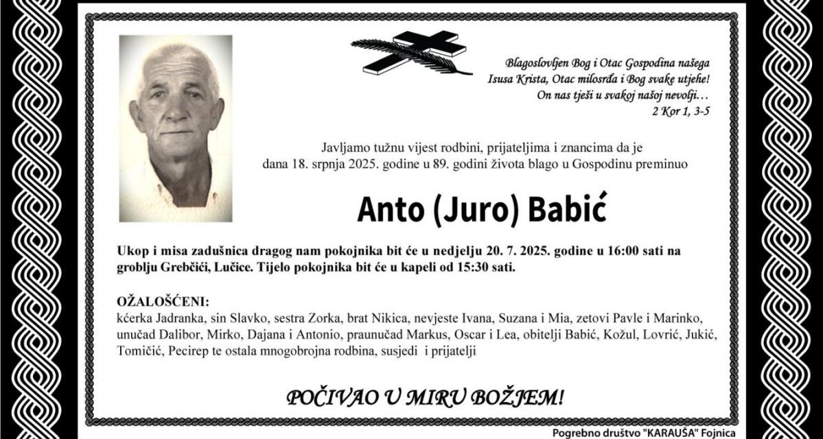 Preminuo je Anto Babić