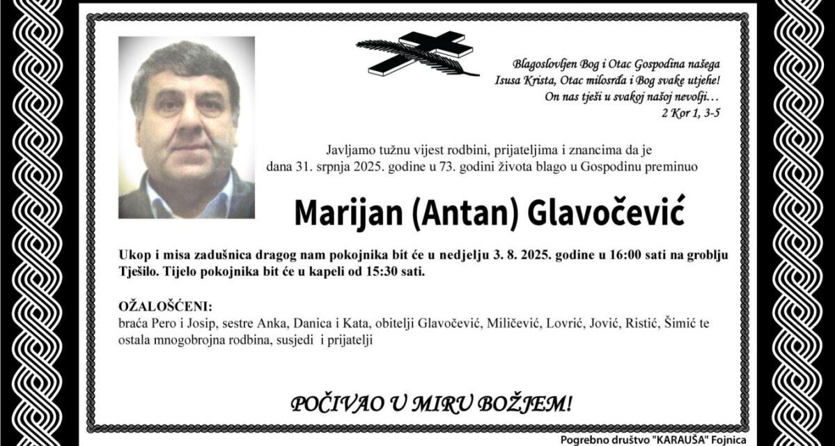 Preminuo je Marijan Glavočević