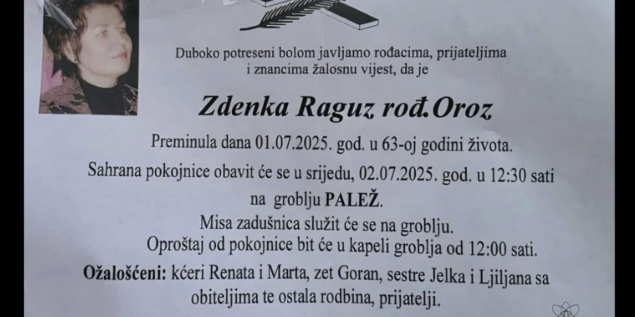Preminula je Zdenka Raguz, rođ. Oroz
