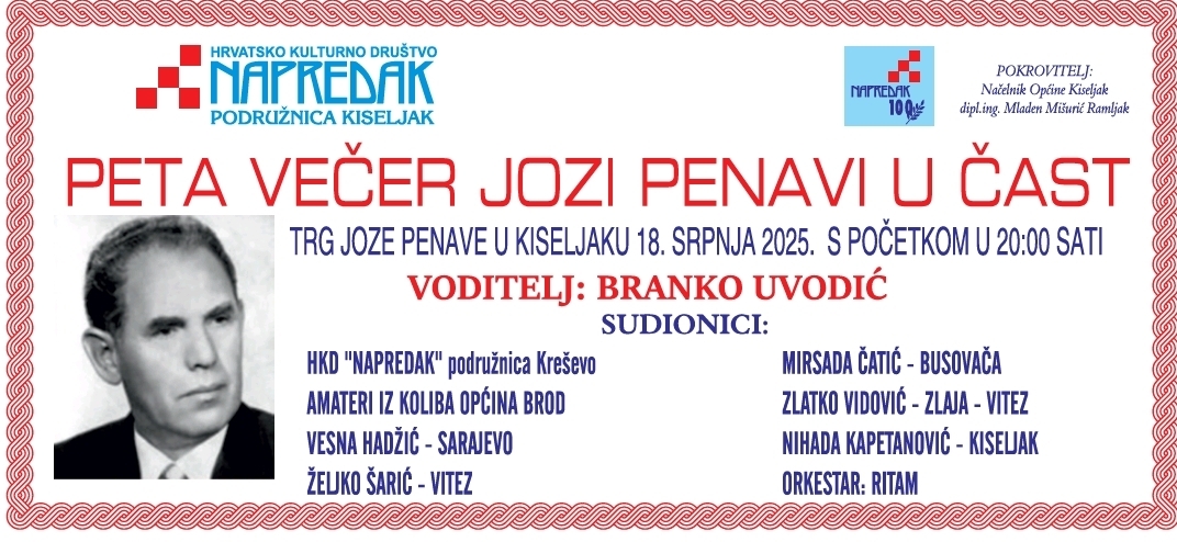 Najava: Večer “Jozi Penavi u čast” na Trgu Joze Penave u Kiseljaku