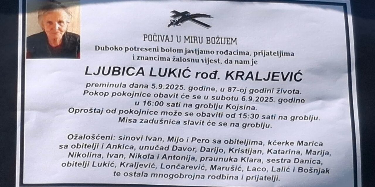Preminula je Ljubica Lukić, rođ. Kraljević