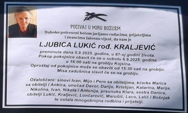 Preminula je Ljubica Lukić, rođ. Kraljević