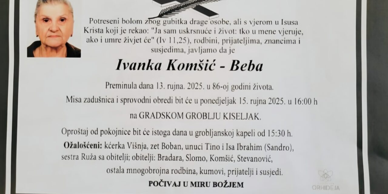 Preminula je Ivanka Komšić -Beba