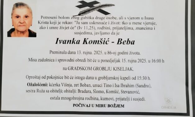 Preminula je Ivanka Komšić -Beba