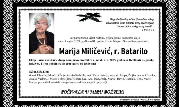 Preminula je Marija Miličević, rođ. Batarilo