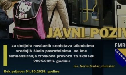 Javni poziv za dodjelu novčanih sredstava učenicima srednjih škola povratnicima na ime sufinanciranja troškova prijevoza za školsku 2025/2026. godinu