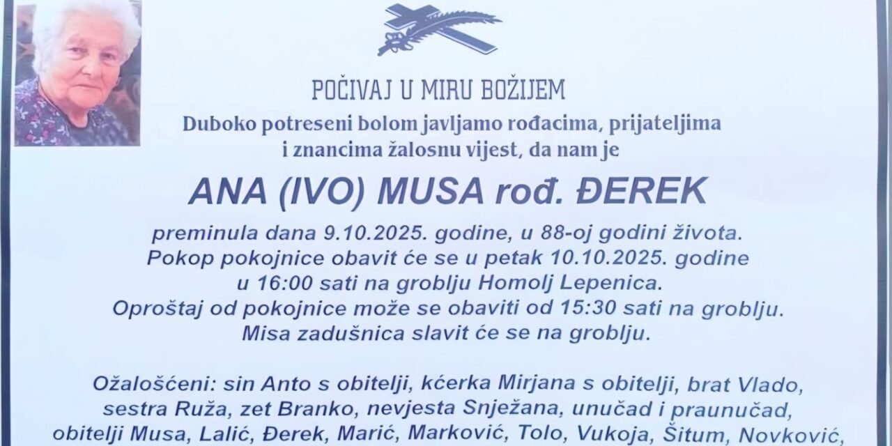 Preminula je Ana Musa, rođ. Đerek