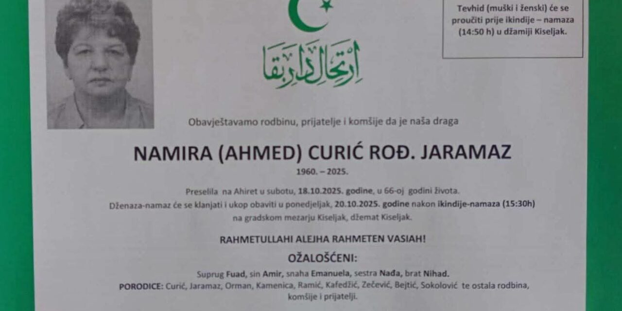 Preminula je Namira Curić, rođ. Jaramaz