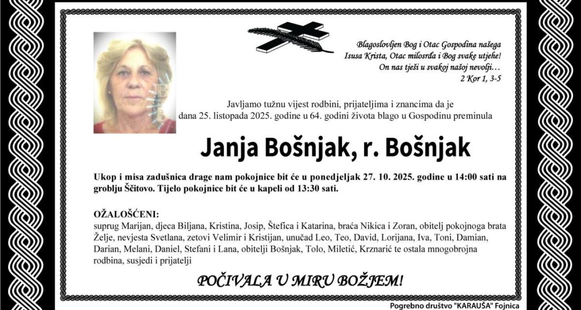 Preminula je Janja Bošnjak, rođ. Bošnjak