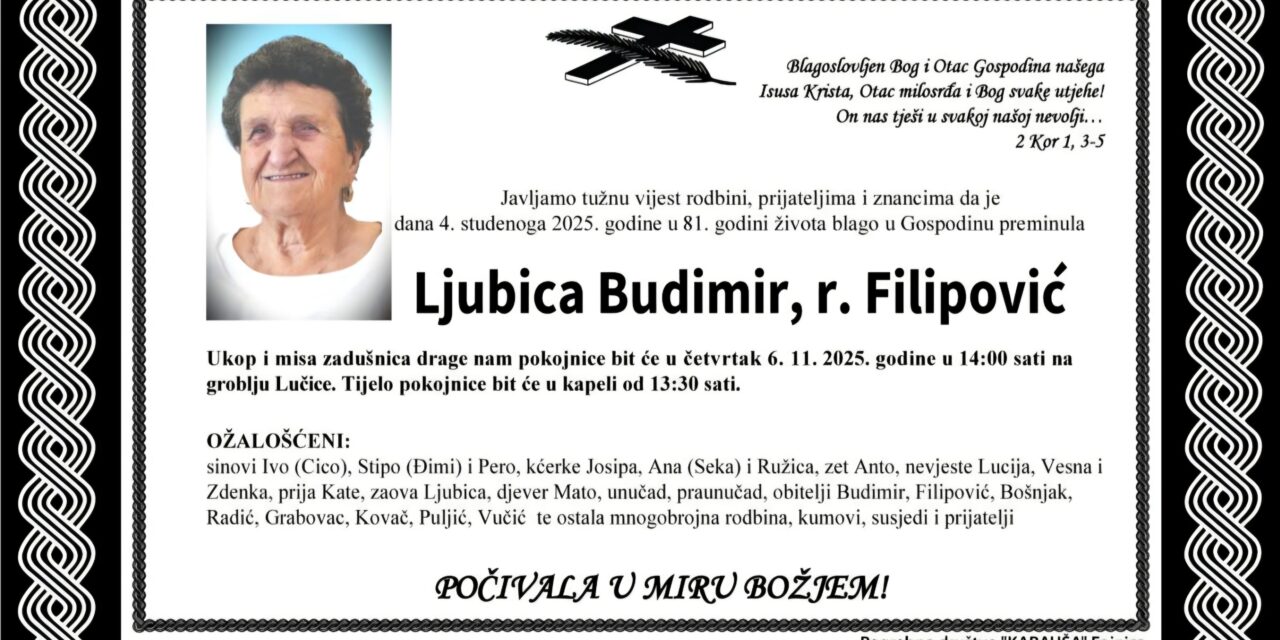 Preminula je Ljubica Budimir, rođ. Filipović