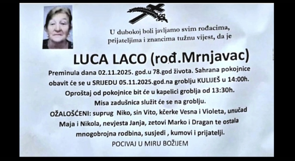 Preminula je Luca Laco, rođ. Mrnjavac