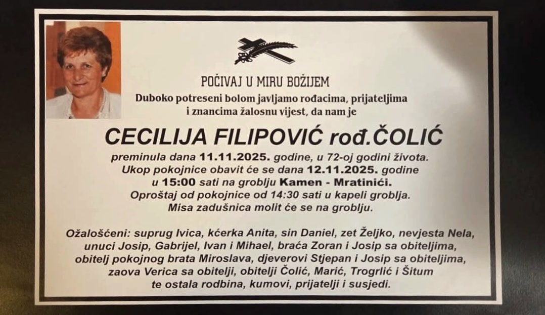 Preminula je Cecilija Filipović, rođ. Čolić