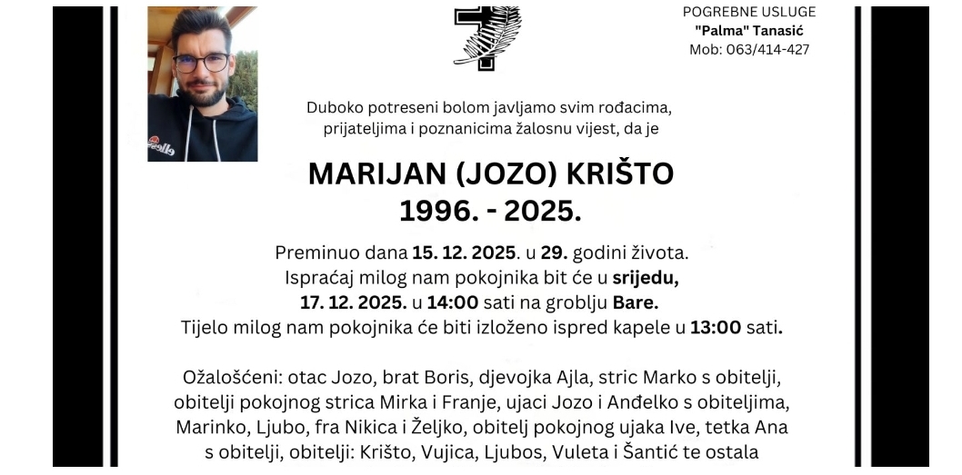 U 29. godini života preminuo Marijan Krišto