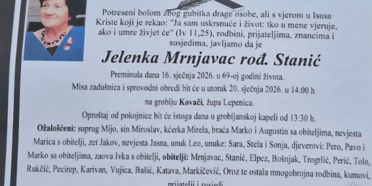 Preminula je Jelenka Mrnjavac, rođ. Stanić