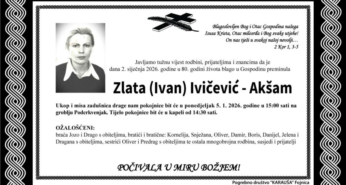 Preminula je Zlata Ivičević – Akšam