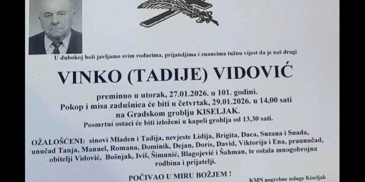 Preminuo Vinko Vidović, najstariji Kiseljačanin