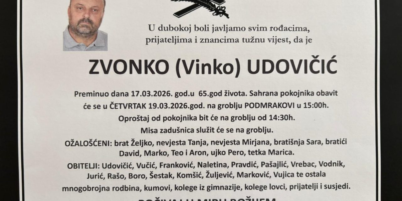 Posljednji pozdrav: Napustio nas je Zvonko Udovičić (Obavijest o pokopu)