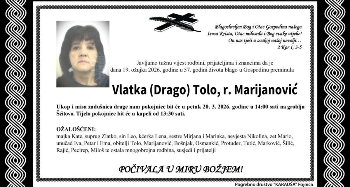Preminula je Vlatka Tolo, rođ. Marijanović