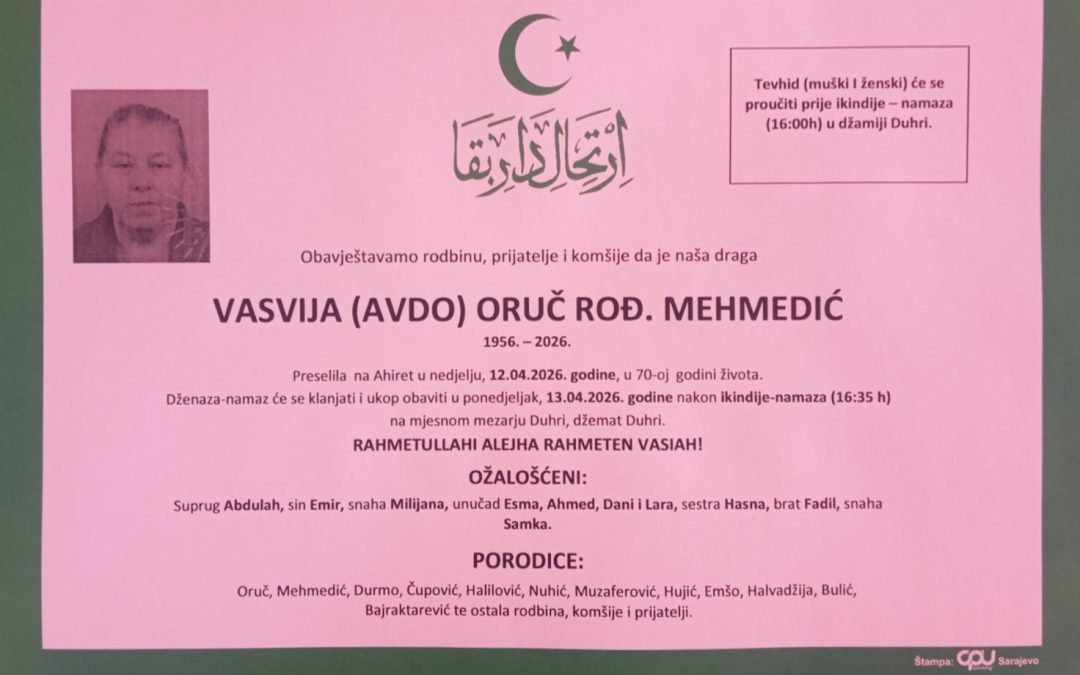 Preminula je Vasvija Oruč, rođ Mehmedić