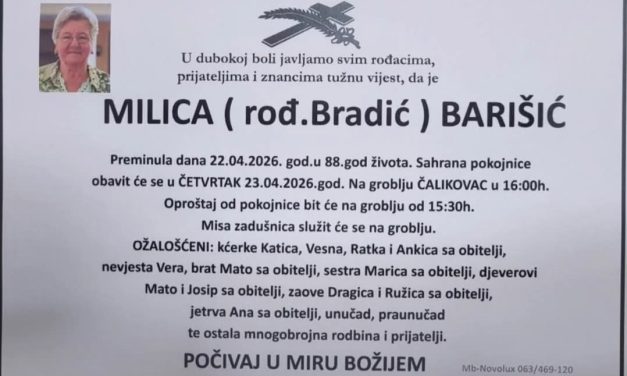 Preminula je Milica Barišić, rođ. Bradić