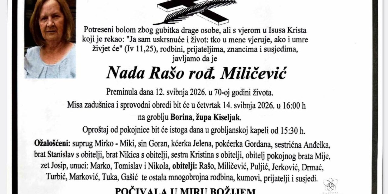 Preminula je Nada Rašo, rođ. Miličević