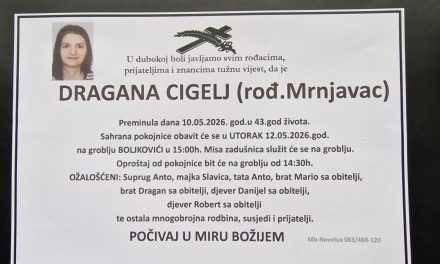 Preminula je Dragana Cigelj, rođ. Mrnjavac